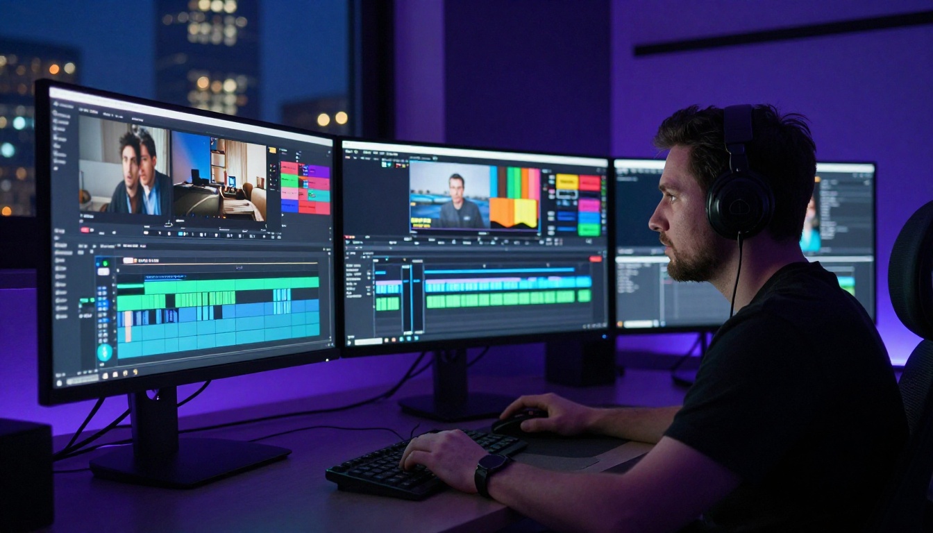 Professional video editor at an ultrawide monitor workstation in a dark creative studio