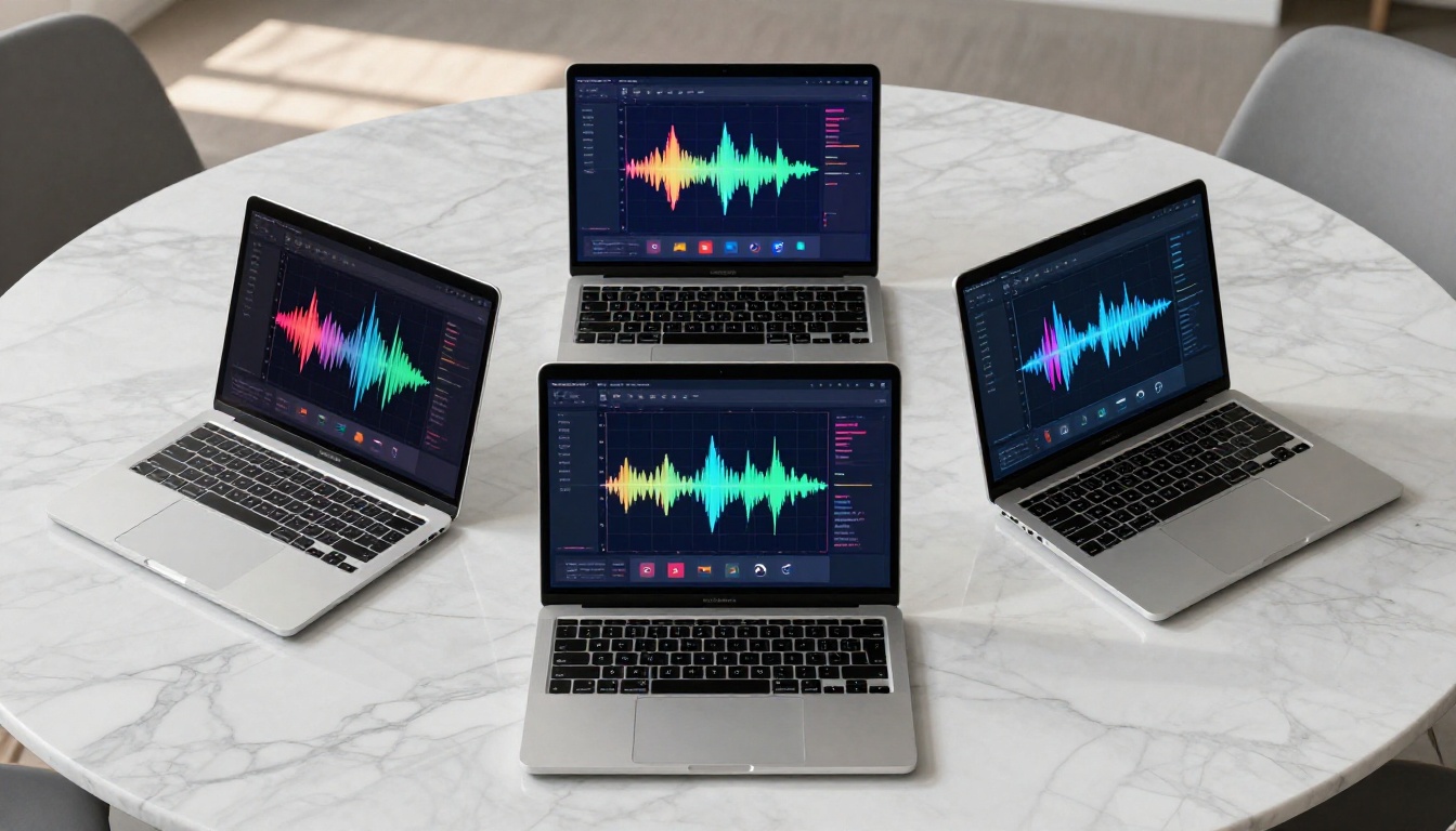 Aerial overhead shot of three laptops showing different AI video interfaces on a marble table