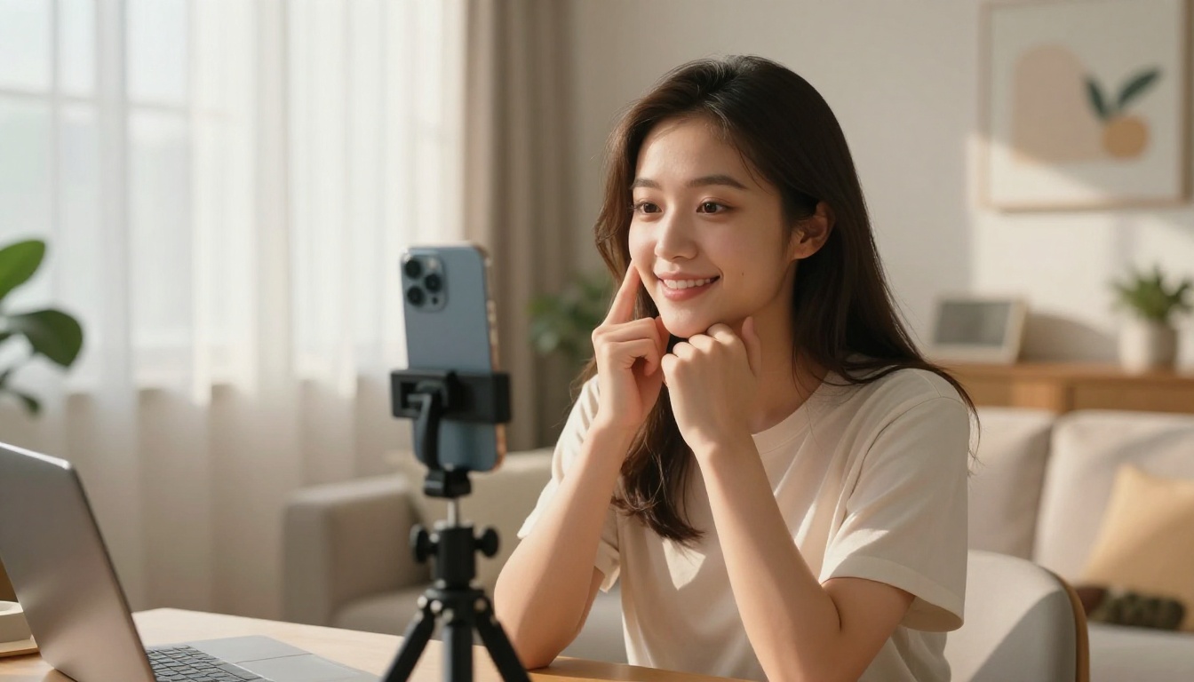 Young woman content creator recording herself at home with a ring-lit tripod setup