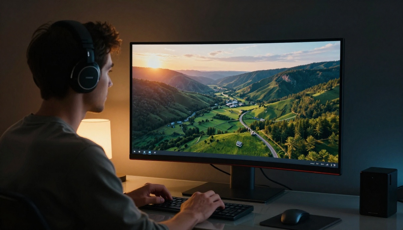 Man with wireless headphones reviewing AI-generated cinematic footage on a curved 4K monitor