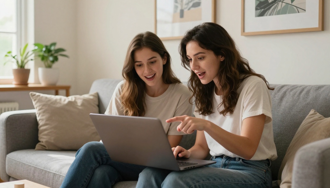 Two women sitting on a sofa together reviewing AI-generated video on a laptop screen