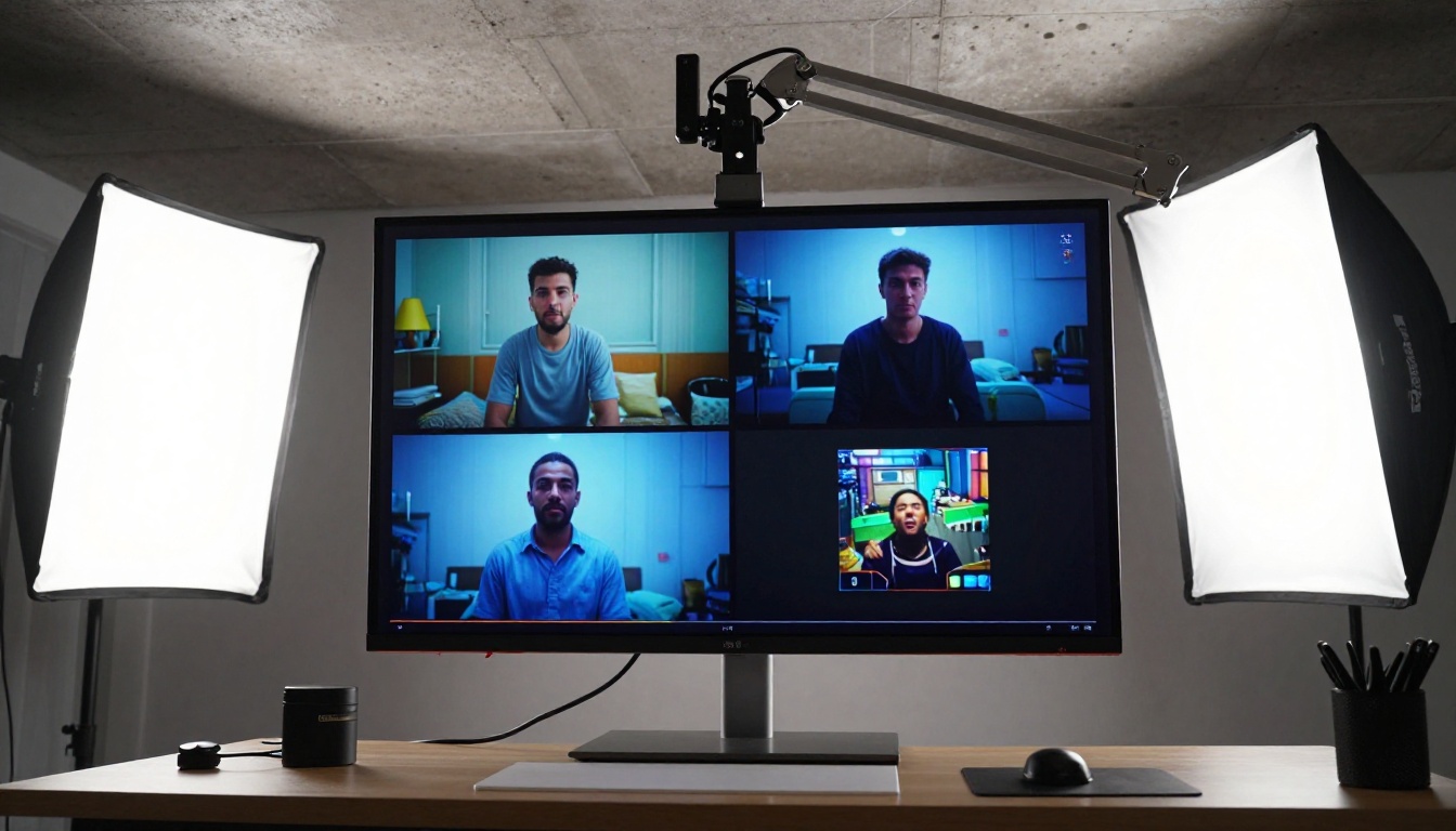 Low-angle shot looking up at a large LED monitor displaying a video comparison grid mounted above a workstation