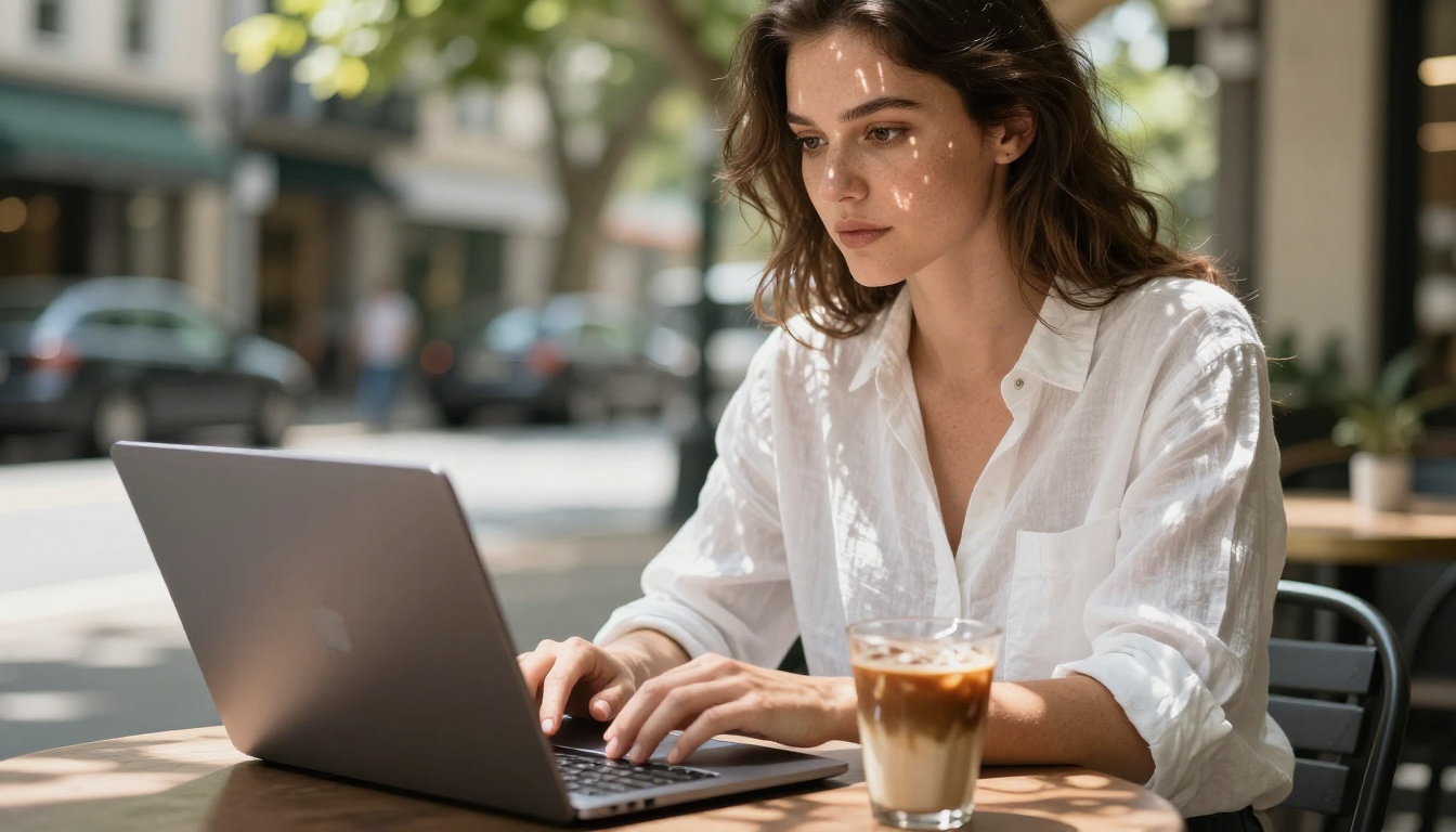 Attractive woman in white linen shirt using a MacBook at an outdoor cafe in dappled sunlight