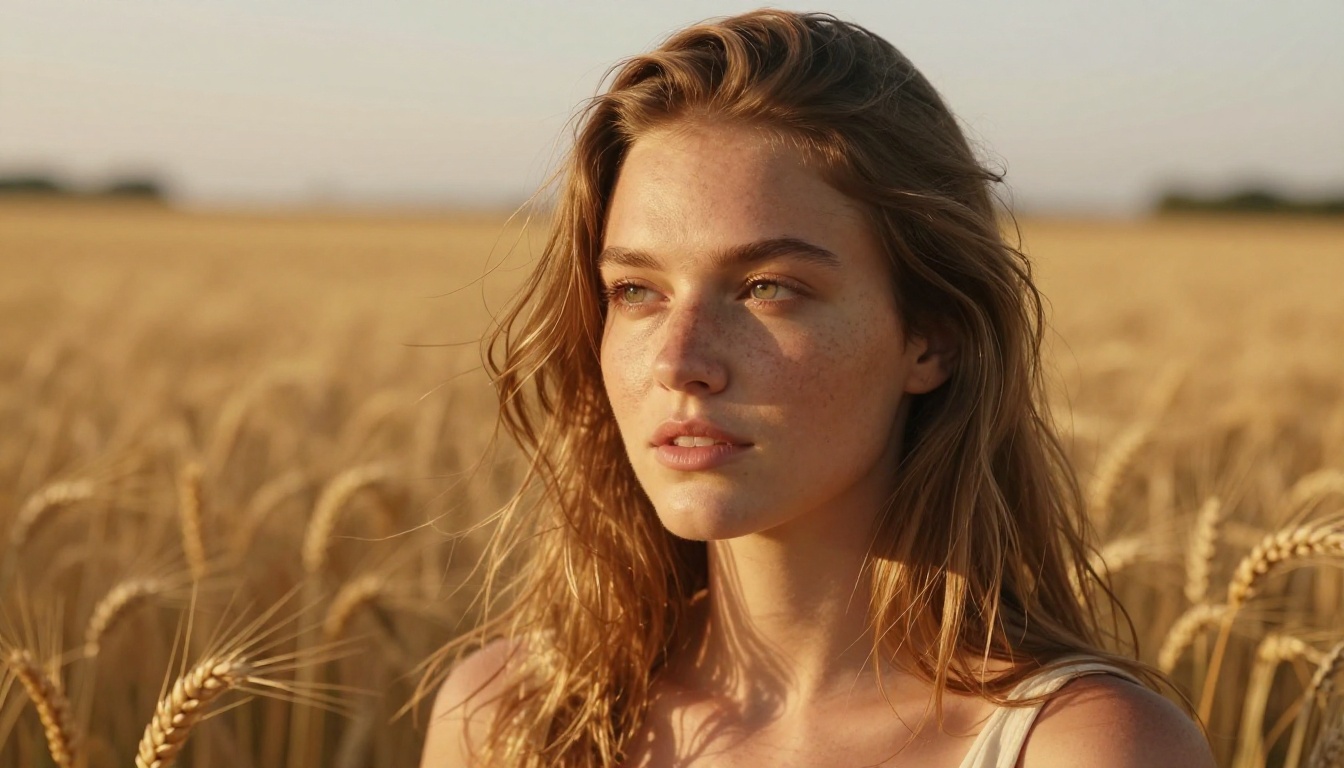 Portrait in golden wheat field showing photorealistic skin and natural lighting