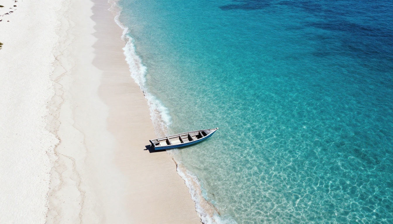 Aerial view of pristine turquoise beach lagoon with single wooden boat