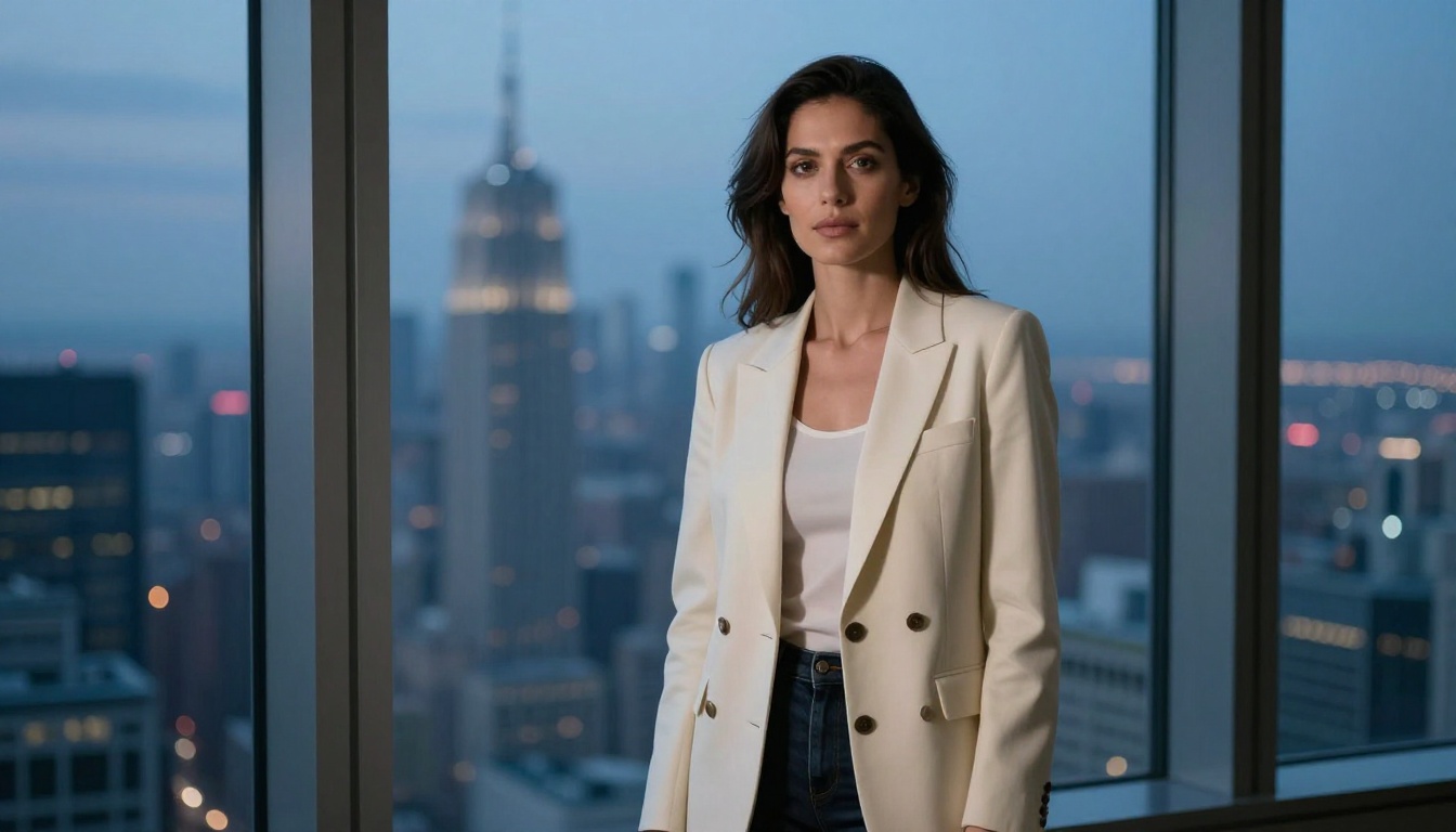 Confident woman in cream blazer against city skyline at blue hour