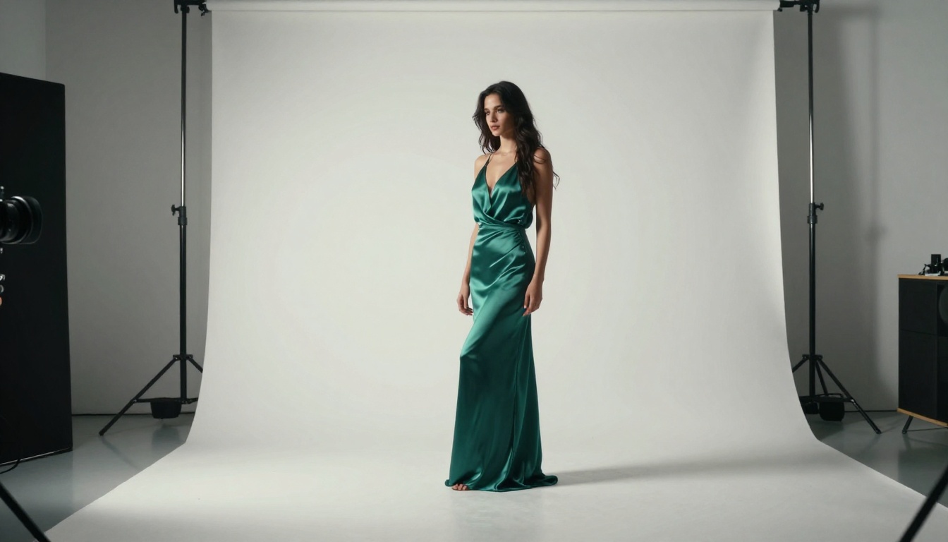 Photography studio scene with woman in emerald dress under professional studio lights