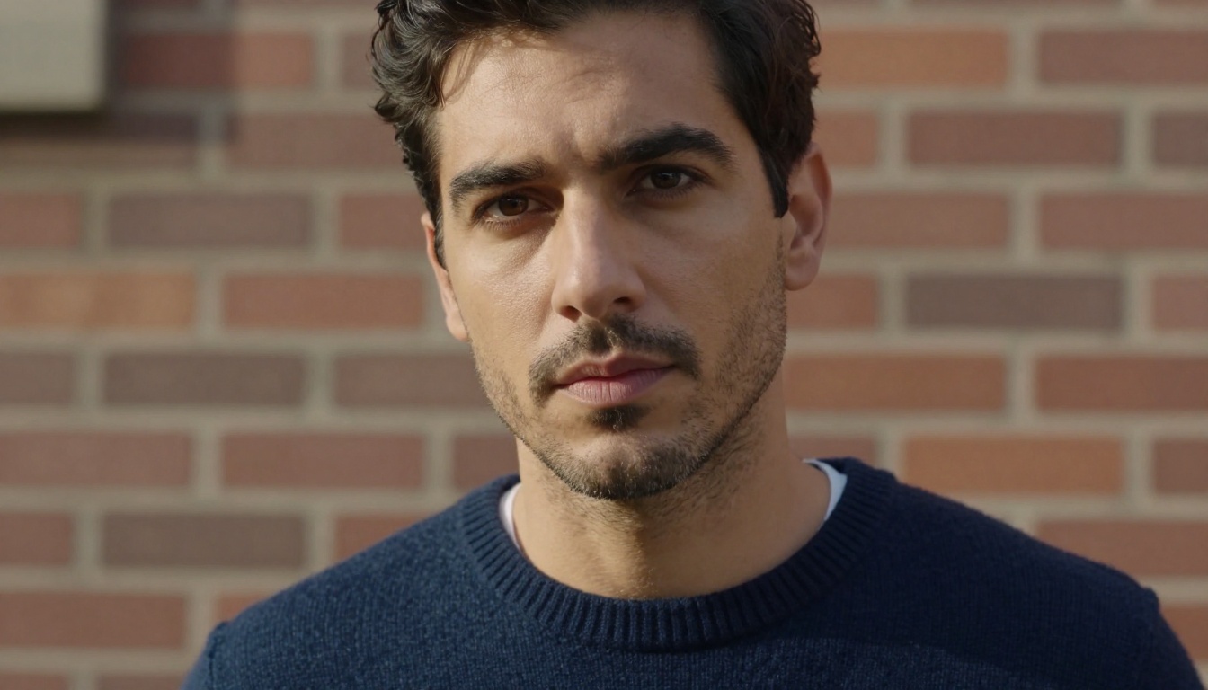Photorealistic male portrait with precise skin texture and stubble detail