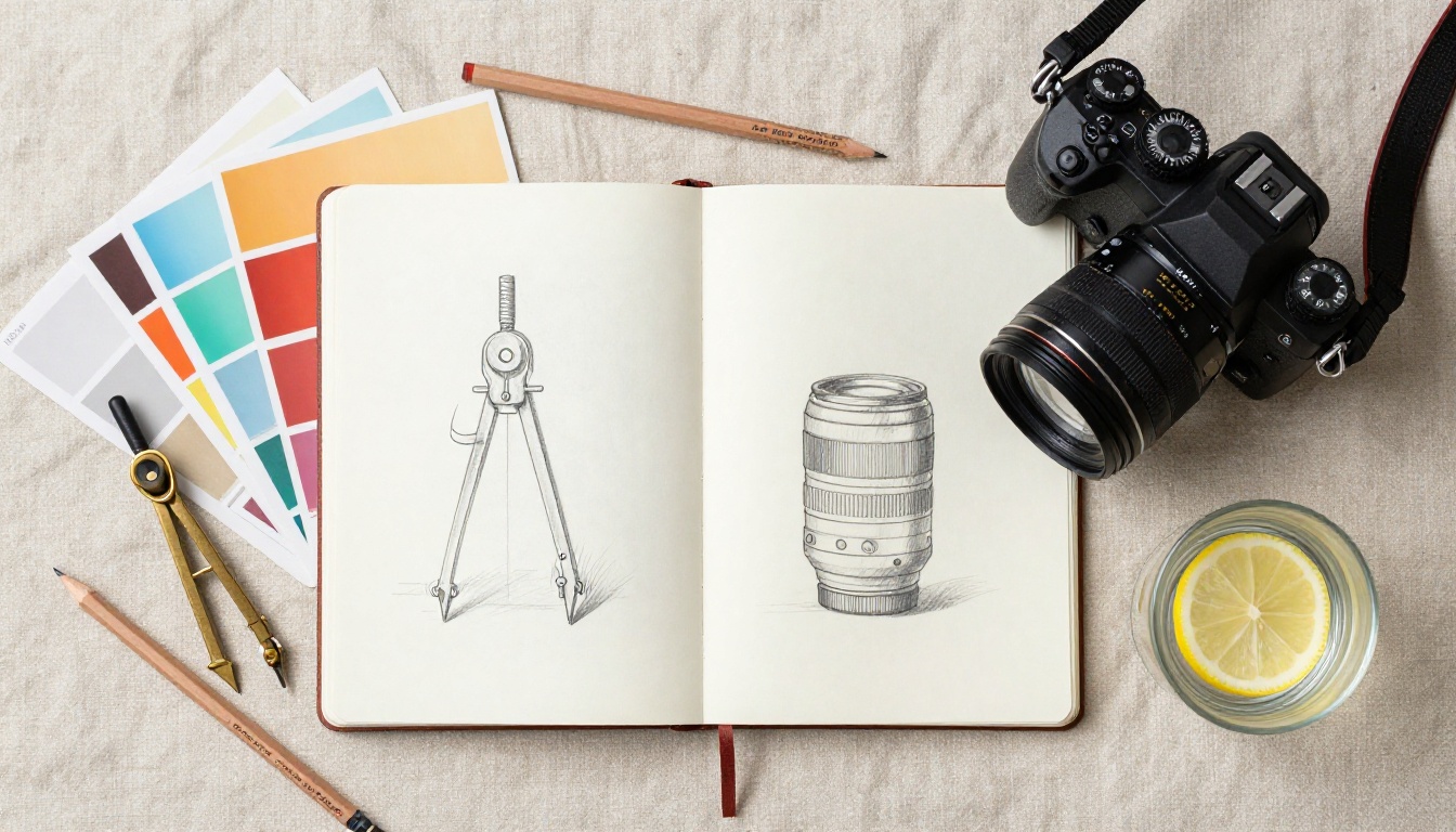 Creative workspace flat-lay with camera, sketchbook, and drawing tools