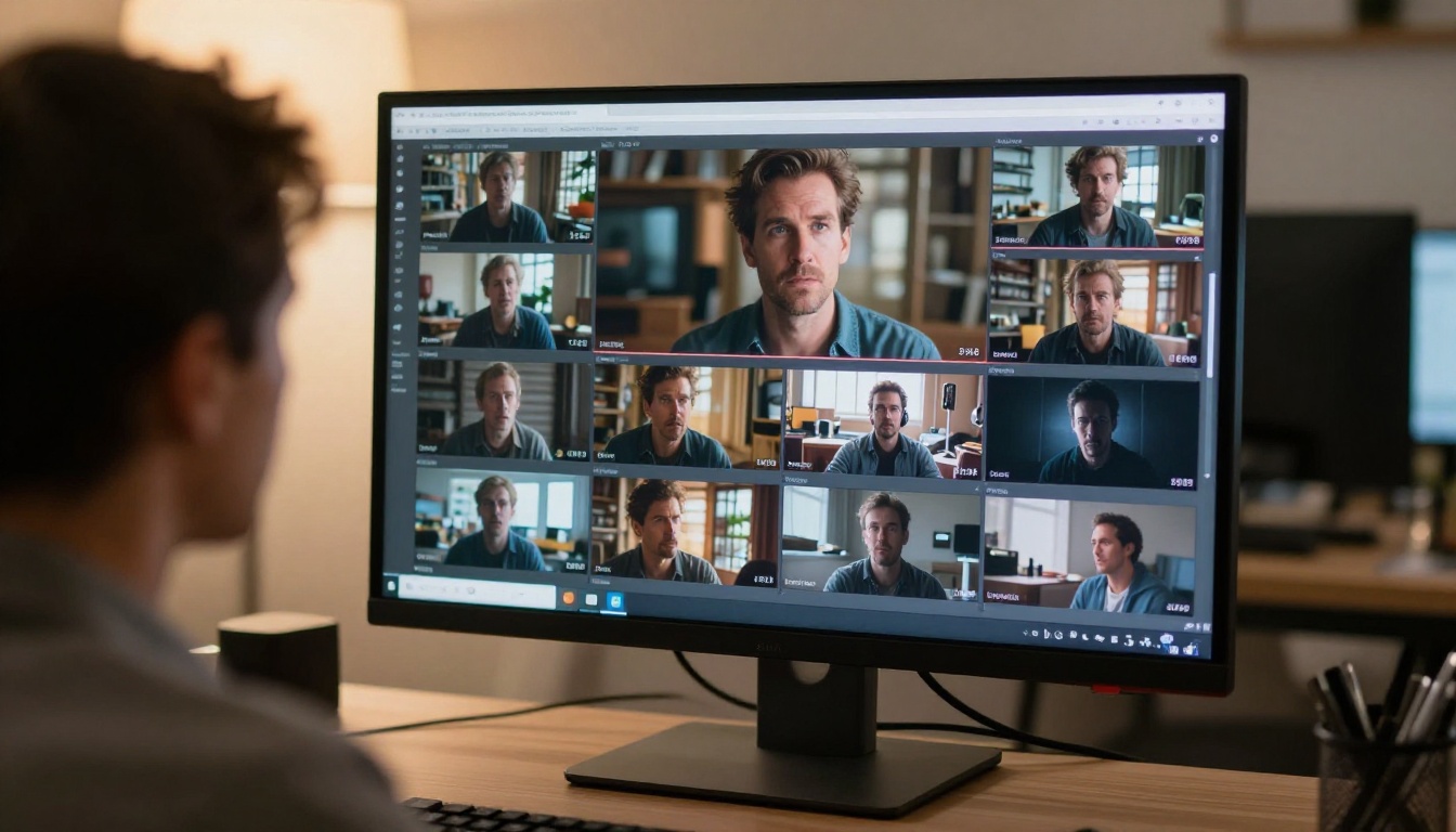 Creative director studying cinematic AI video thumbnail previews on a high-resolution studio monitor