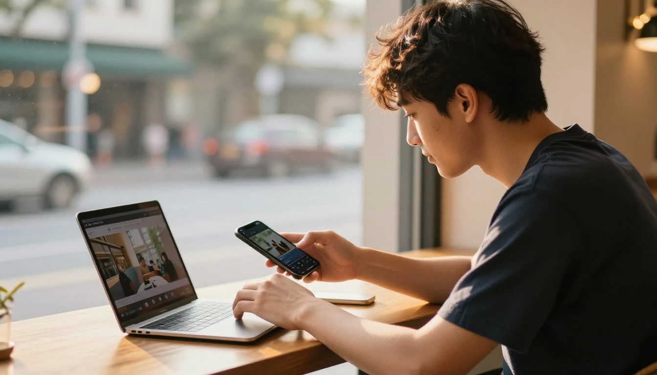 Young video creator using AI video generation app on smartphone at coffee shop window