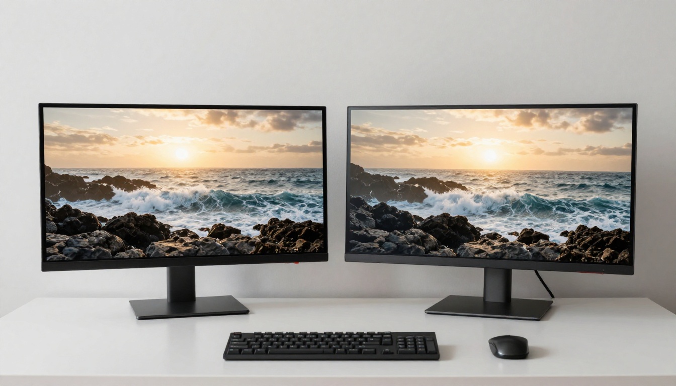 Two widescreen monitors displaying cinematic AI video stills side by side for quality comparison