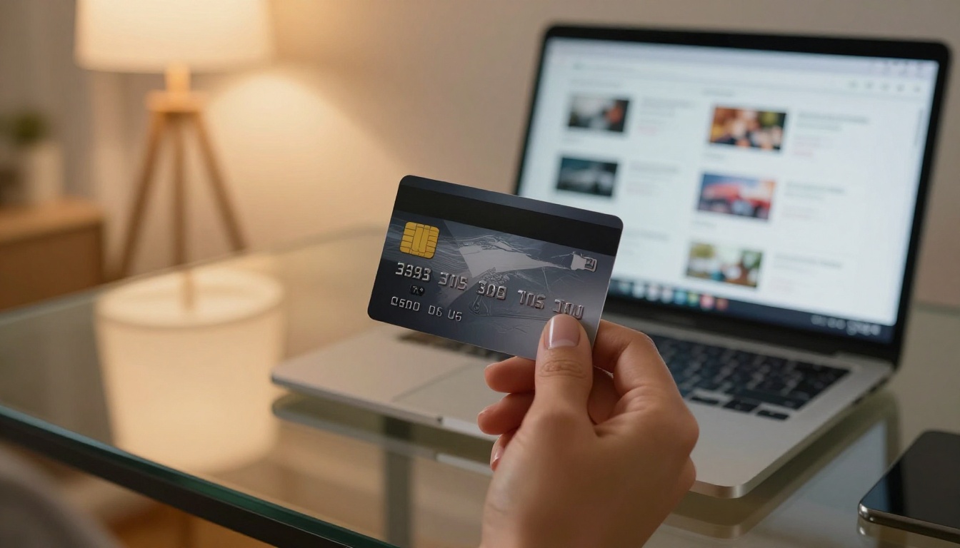 Hand holding credit card over laptop screen showing subscription pricing tabs