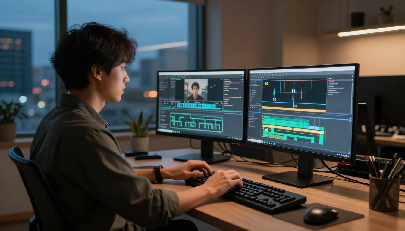 Content creator typing rapidly at keyboard with dual monitors showing video rendering progress