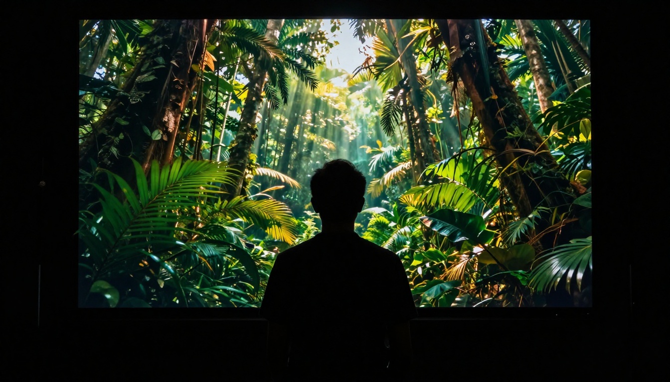 Film director silhouette in dark studio facing cinematic rainforest footage on a large production monitor