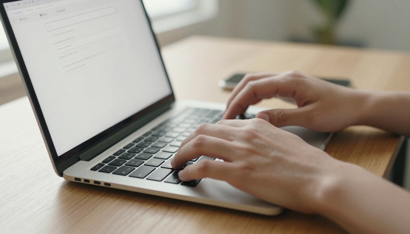 Close-up of hands typing an AI video generation prompt into a clean minimalist web interface on a laptop