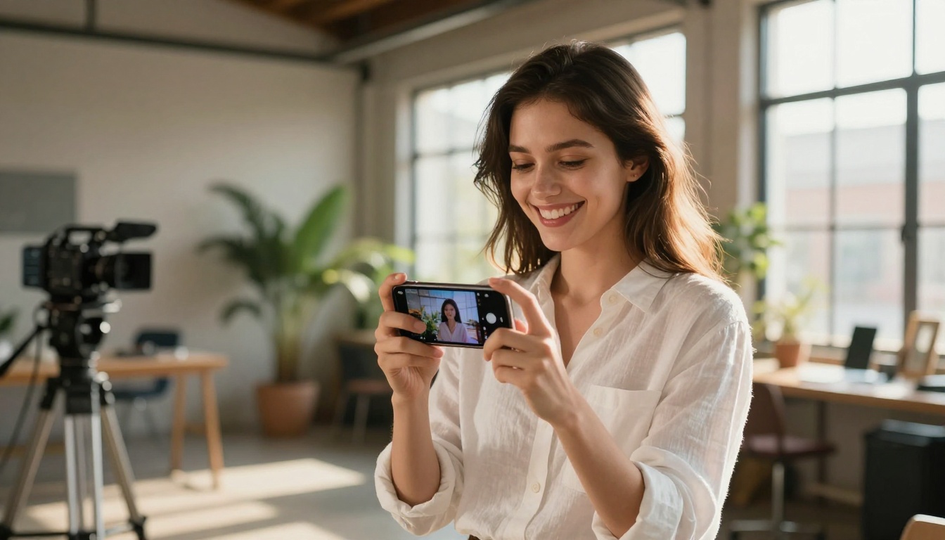 Cheerful woman filmmaker holding up smartphone showing completed AI-generated video in a warm creative studio
