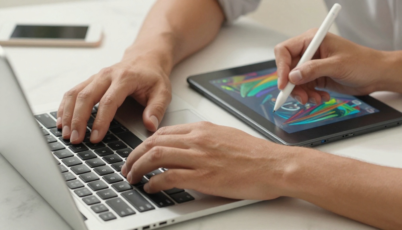 Two hands on a marble surface, one on a keyboard and one holding a stylus near a drawing tablet