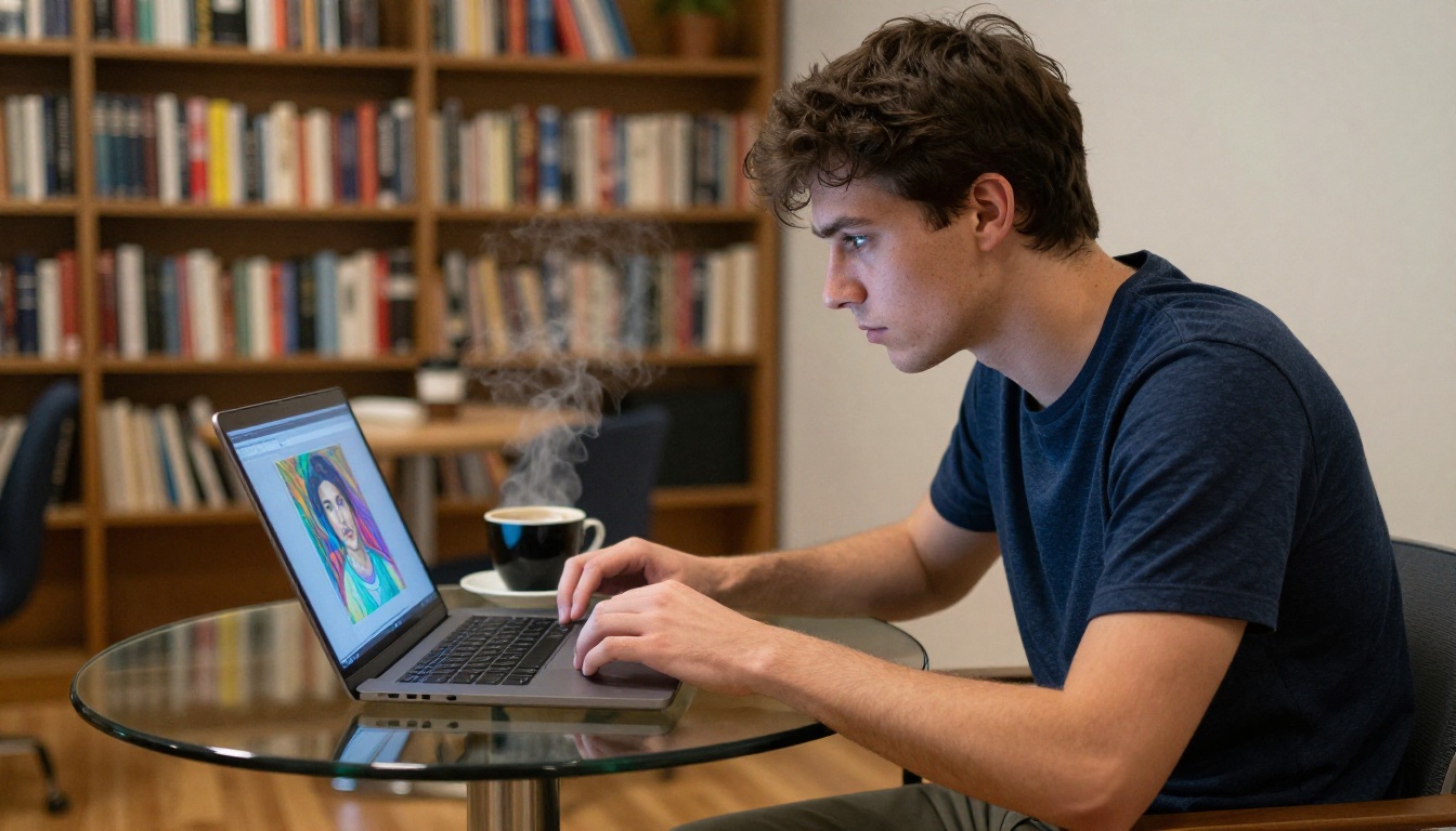 Young man examining AI-generated artwork on his laptop at a co-working space