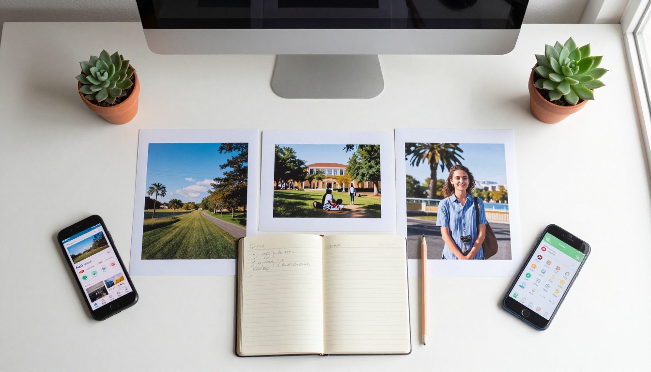 Aerial top-down view of a minimalist workspace with three printed AI-generated photographs laid out for comparison