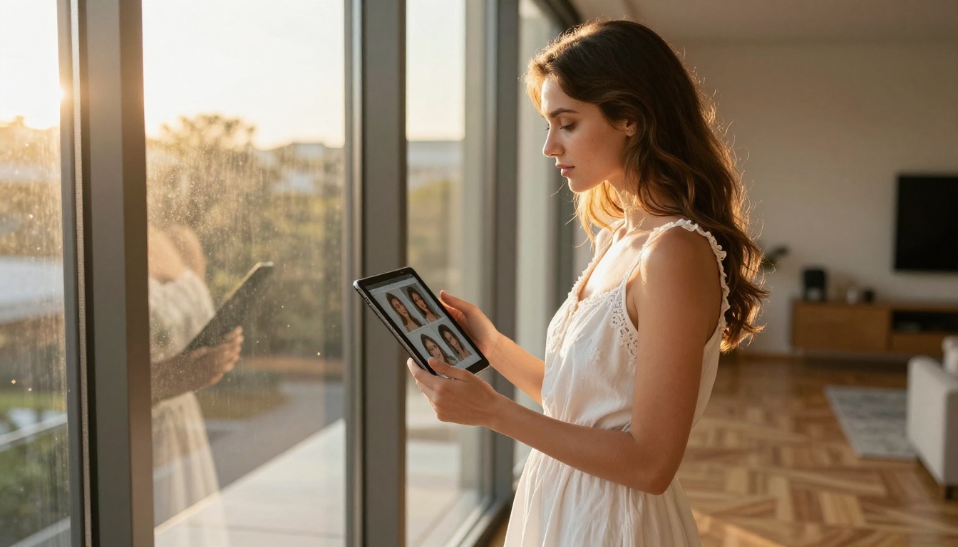 Beautiful woman holding a tablet showing AI-generated portraits, backlit by warm afternoon sunlight through floor-to-ceiling windows