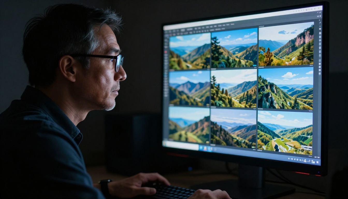 Man with glasses examining a comparison grid of AI-generated landscape images on a dark monitor, lit only by screen glow