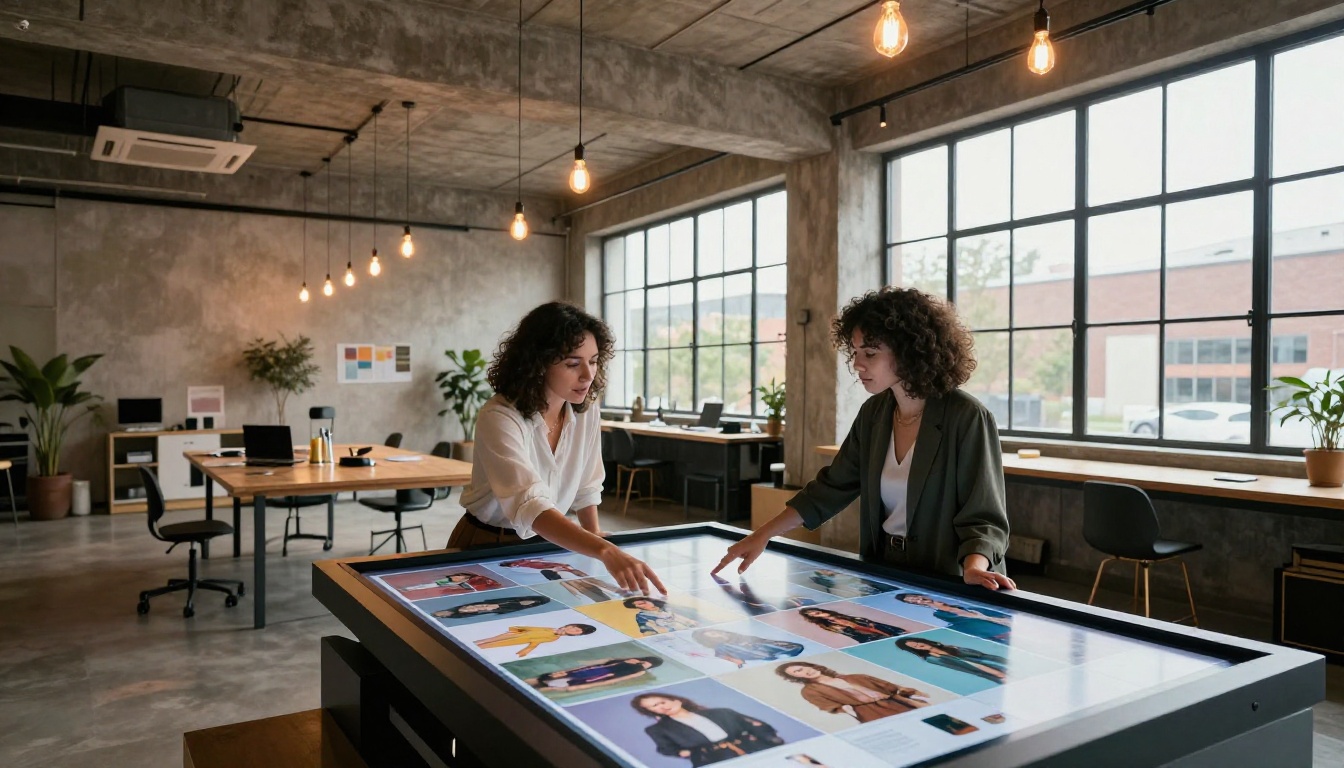 Two women collaborating at a large touchscreen table displaying a mosaic of AI-generated fashion portraits in a modern industrial studio