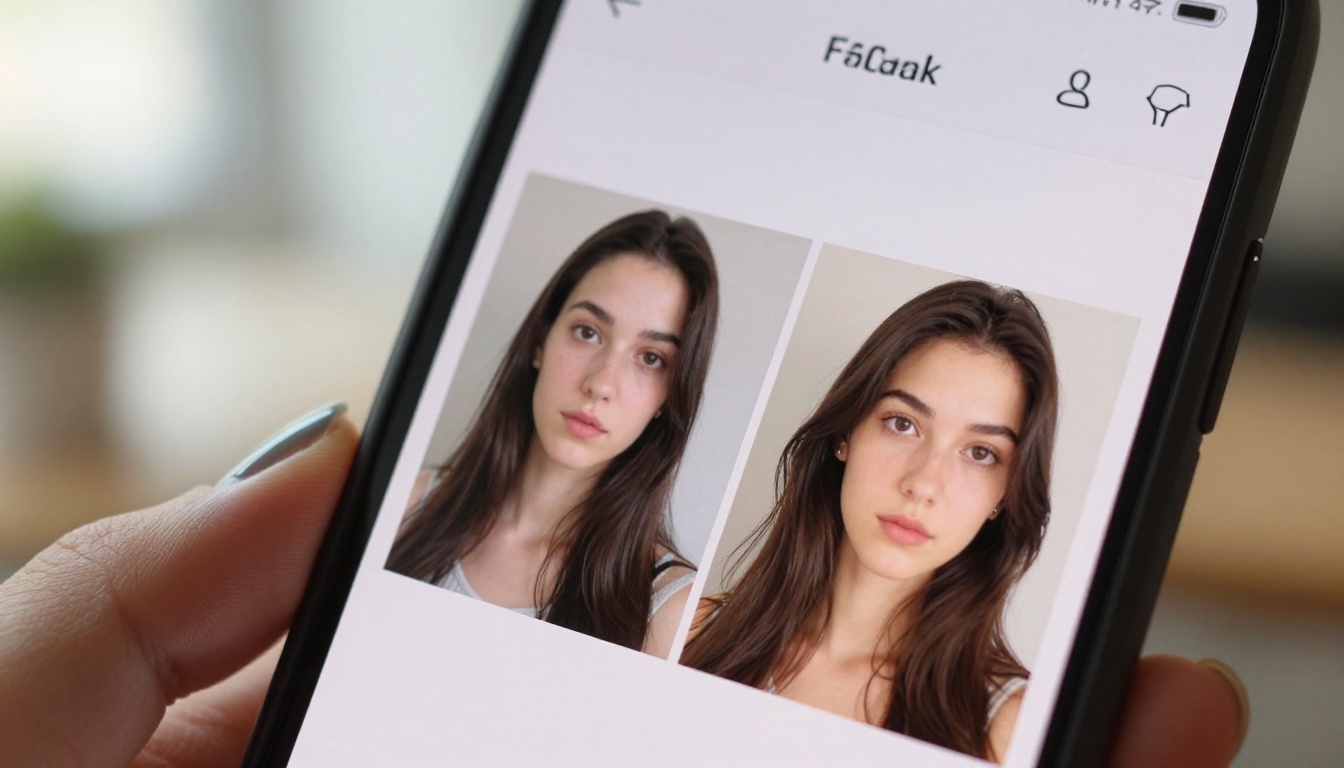 Extreme close-up of a smartphone screen showing a split-screen AI image comparison, held by a woman's hand in a bright cafe