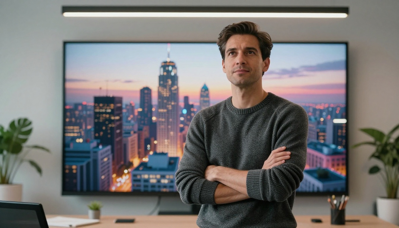 Low-angle shot of a confident man in a charcoal grey sweater standing in front of a wall monitor displaying a vibrant AI-generated cityscape