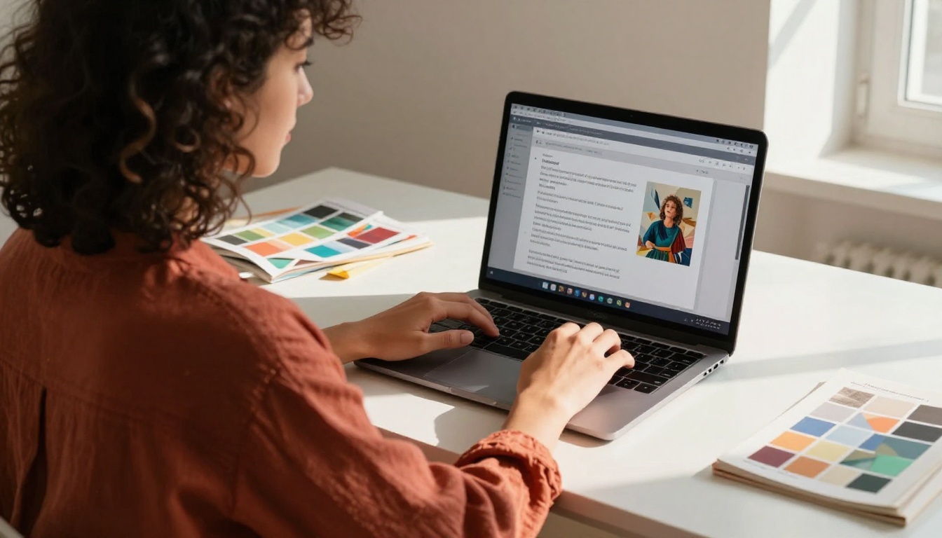 Young woman with dark curly hair working at a white desk, laptop screen showing an AI generation platform with a prompt box and result image visible
