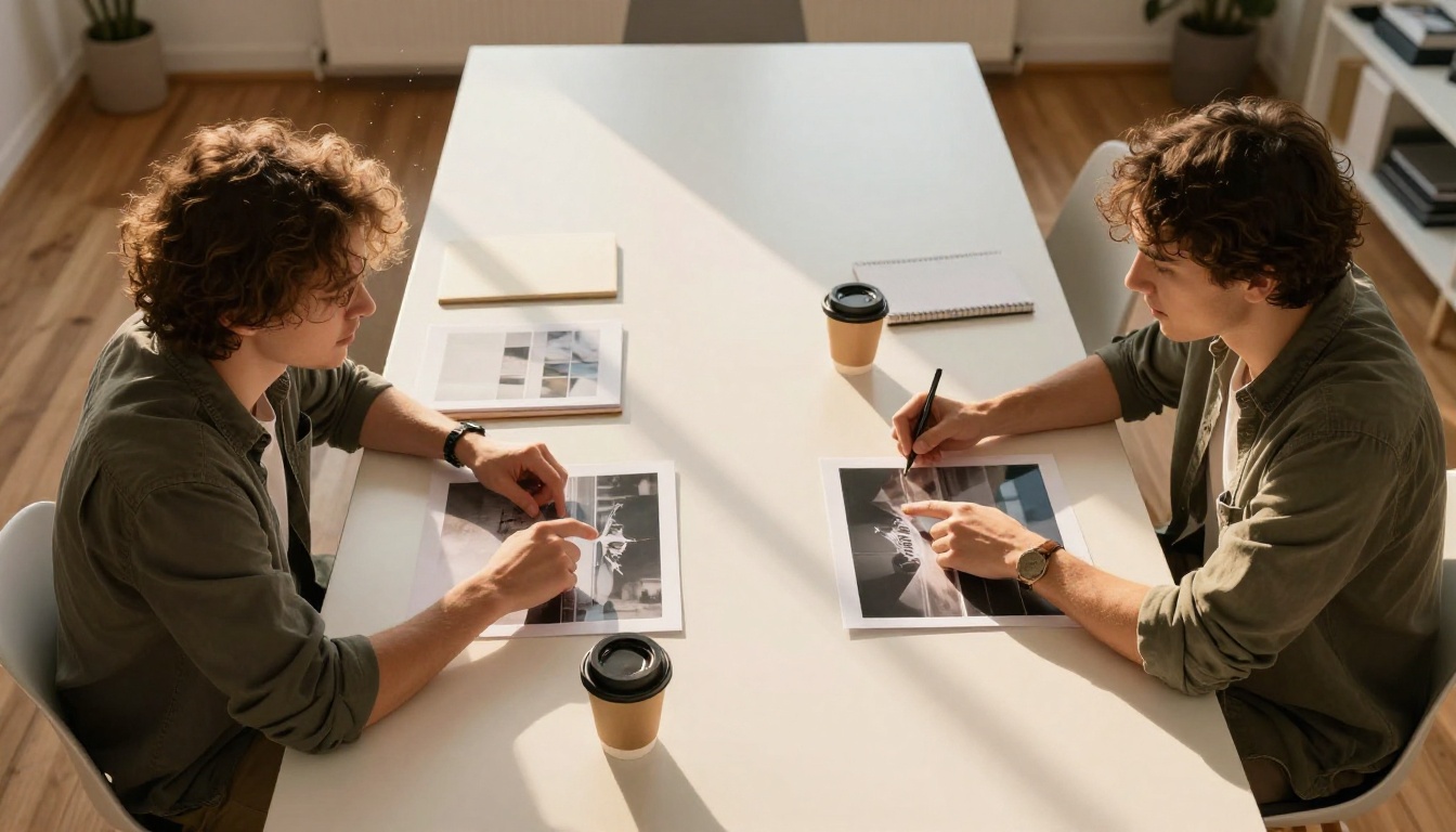 Two creative professionals reviewing printed photographic portfolios spread on a conference table Two creative professionals reviewing printed photographic portfolios spread on a conference table
