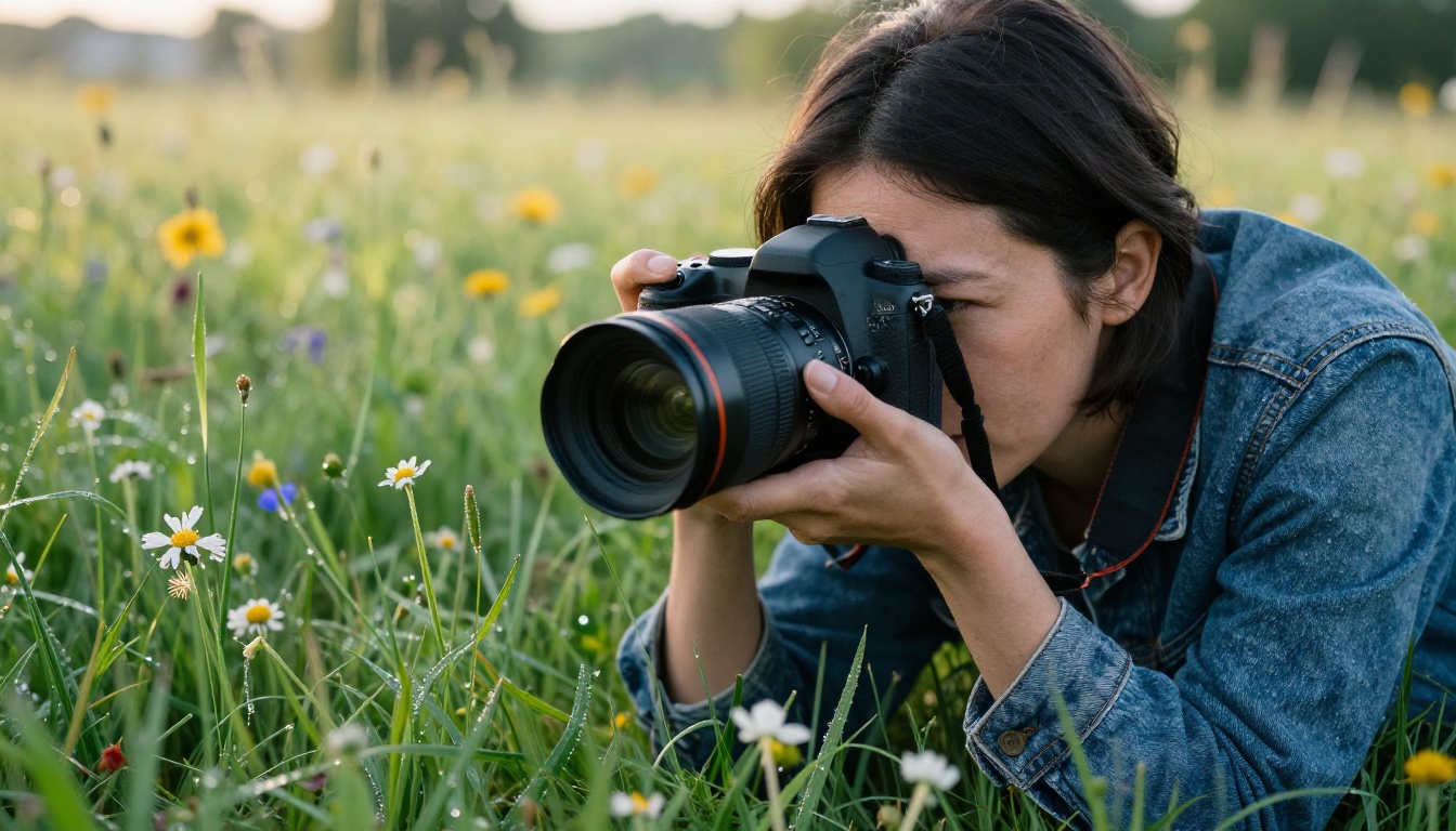 Photographer lying in a summer wildflower meadow shooting at ground level with a DSLR camera