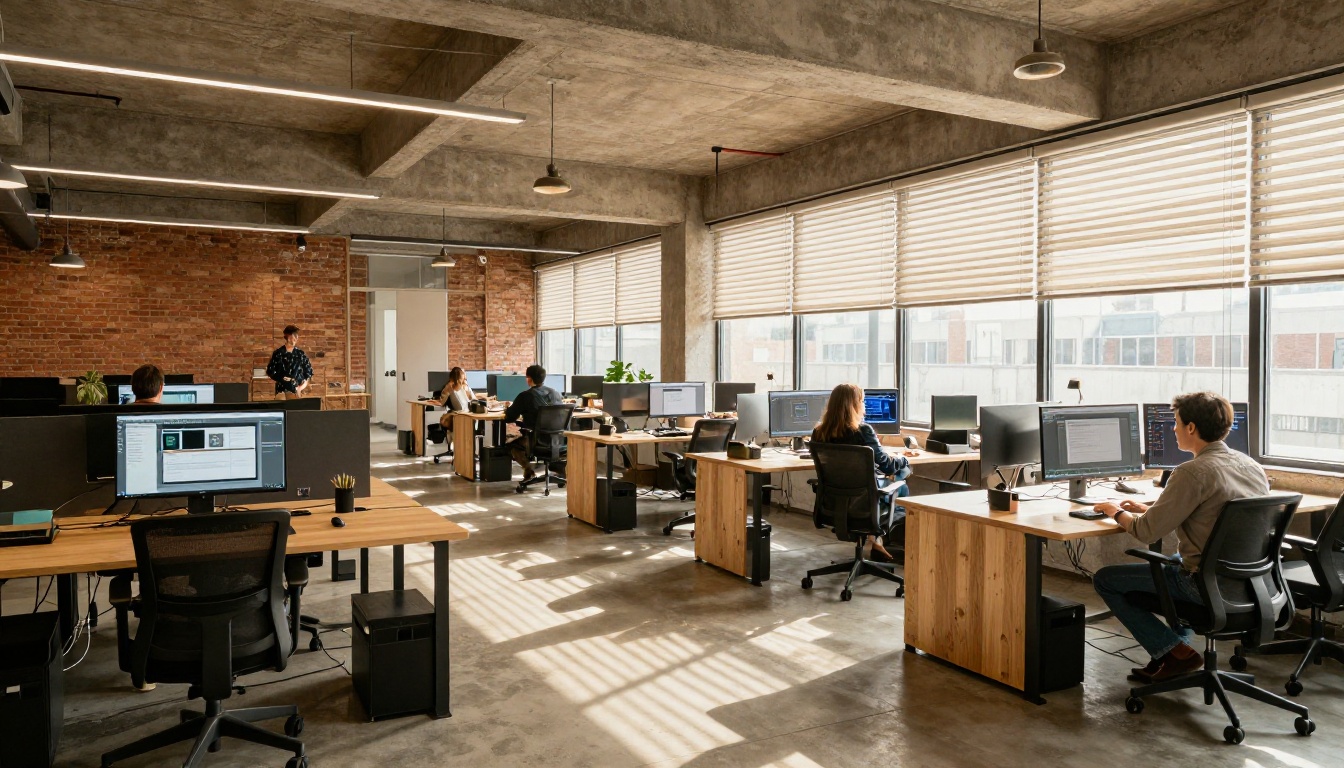 Modern creative agency open office with professionals at standing desks displaying digital design projects