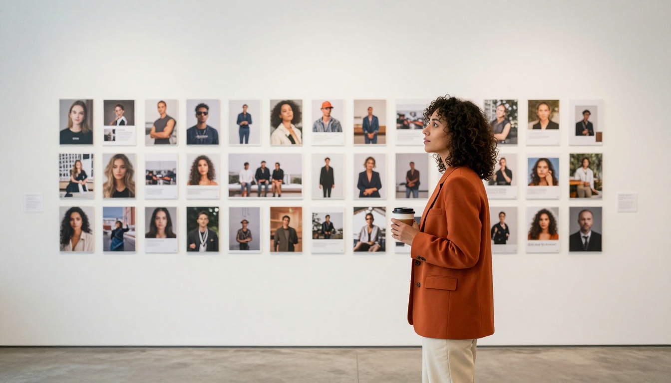Woman in orange blazer reviewing printed photographs on a gallery wall Woman in orange blazer reviewing printed photographs on a gallery wall