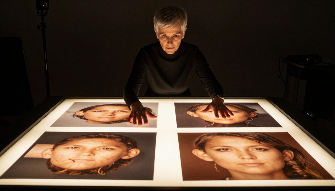 Creative director with silver hair reviewing AI image comparisons on an illuminated light table in a dark studio