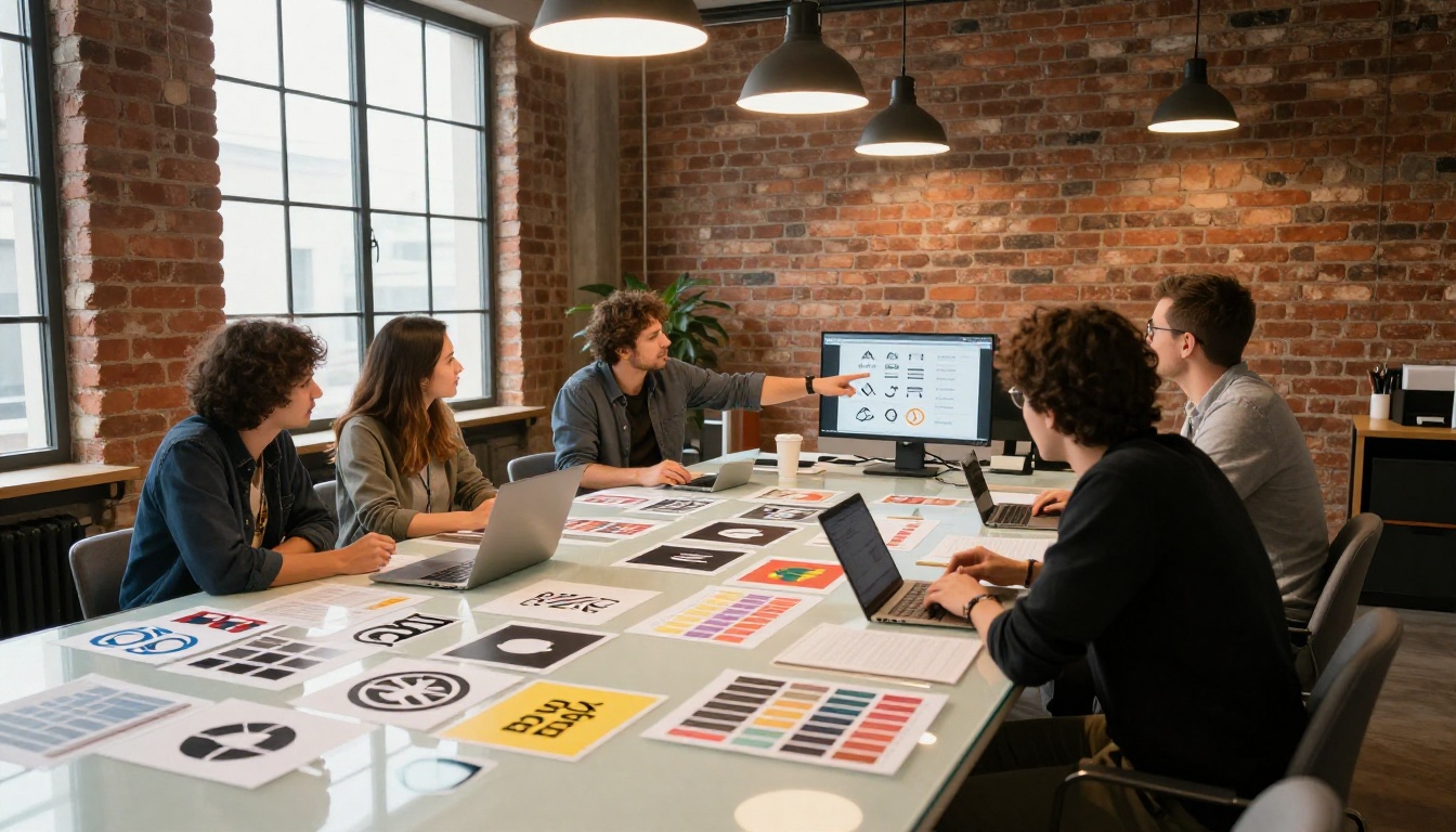 Creative design team collaborating around brand mockups in modern agency