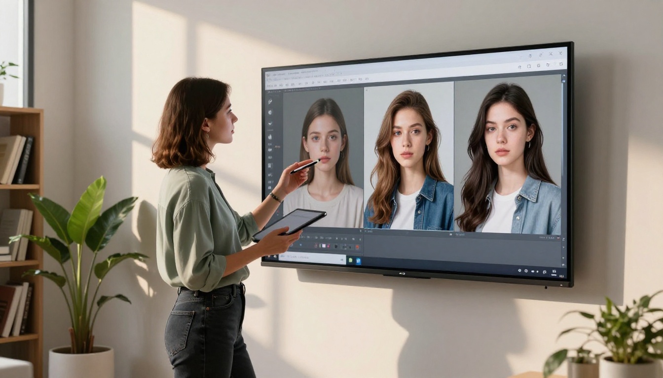Female designer standing before monitor with AI-generated portraits displayed