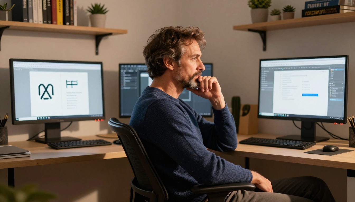 Male designer in home office reviewing brand mockups on dual monitors