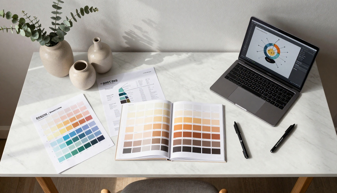 Aerial flat-lay view of designer workspace with brand materials and color guides