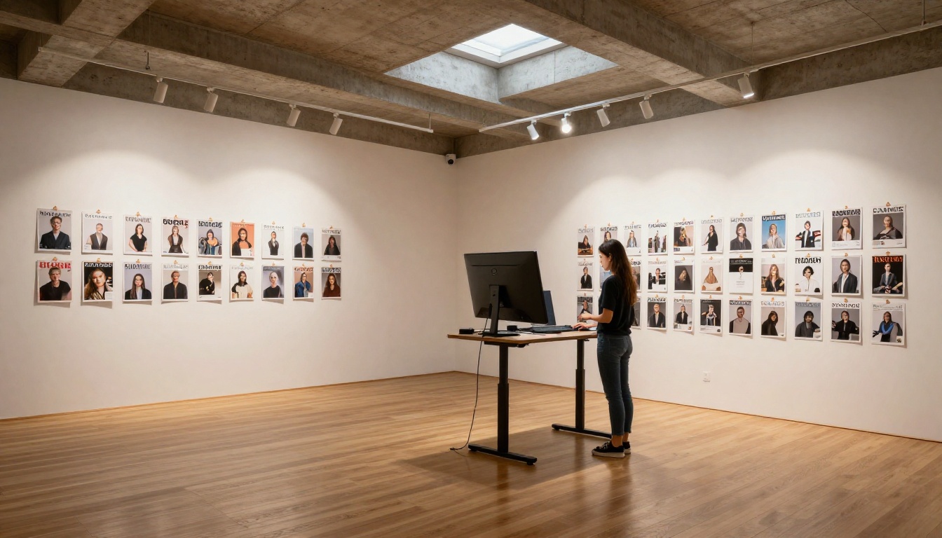 Modern creative studio workspace with female designer at standing desk