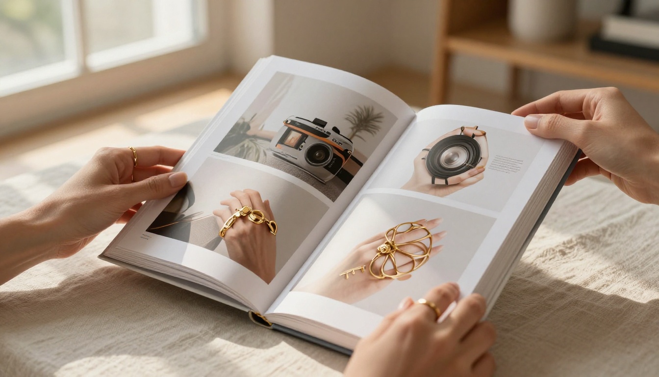 Hands holding printed portfolio book with AI-generated design spreads