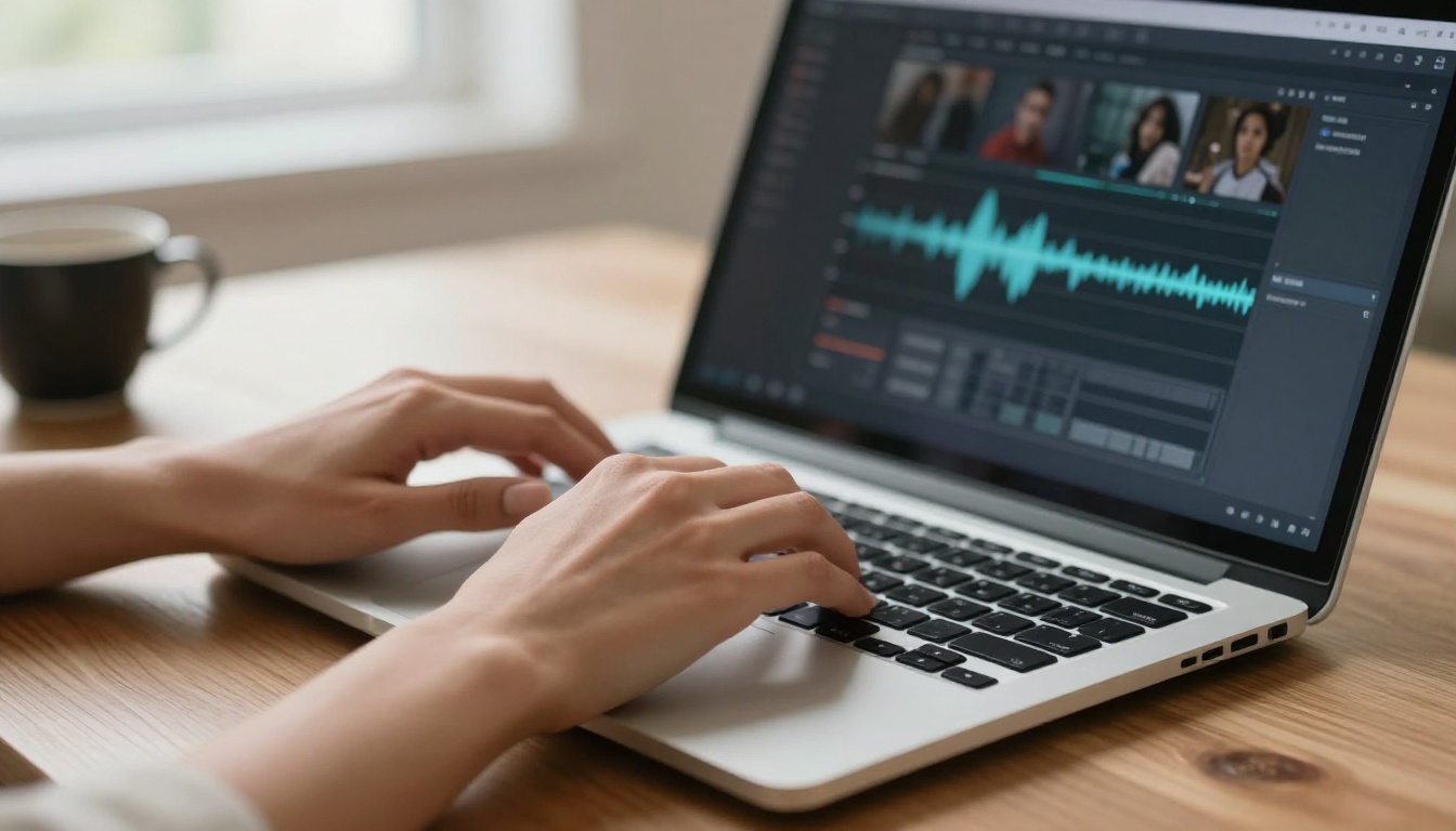 Content creator workspace with laptop and AI video generation interface