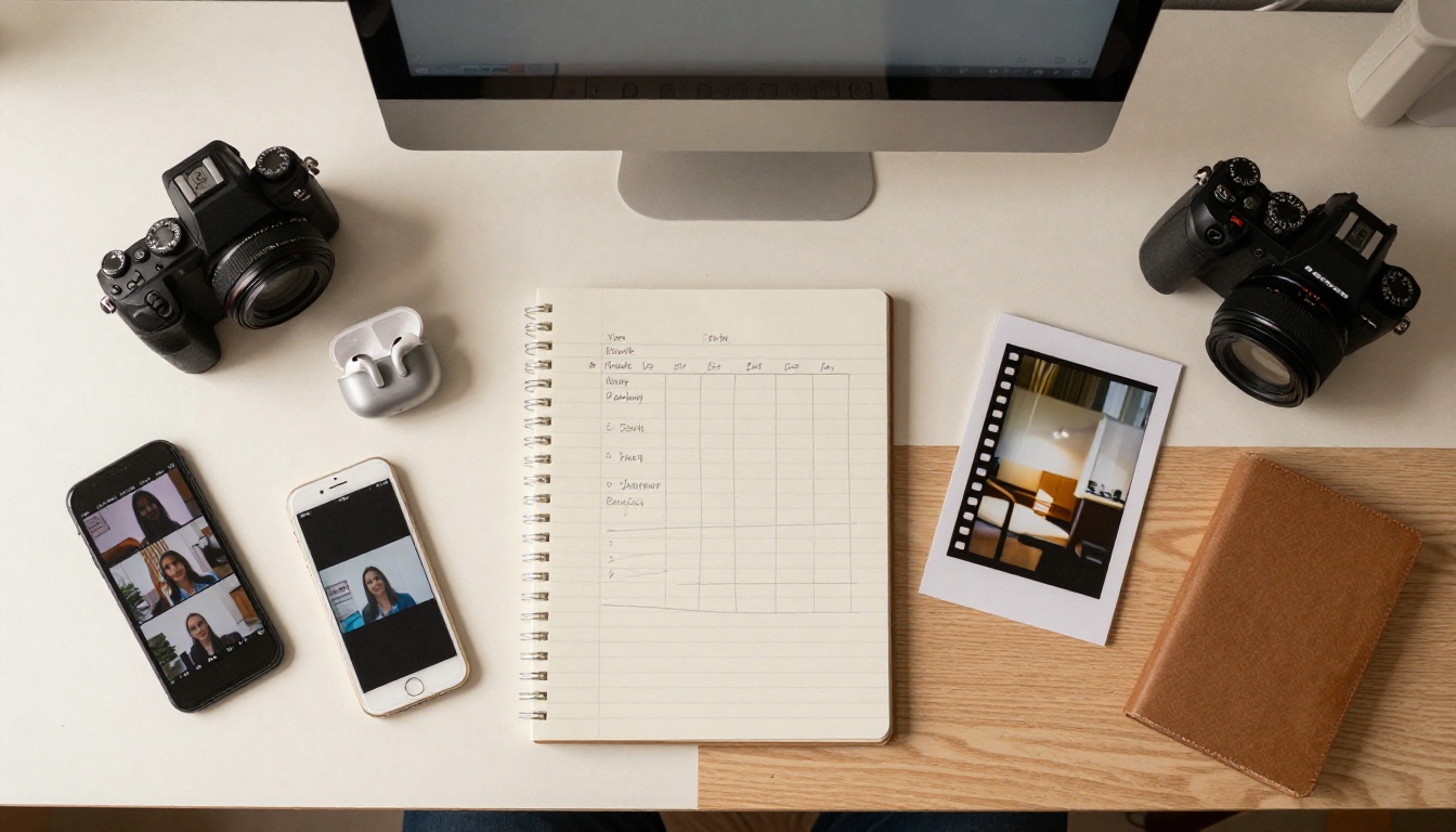 Creator workspace flatlay with camera, phone, and content calendar