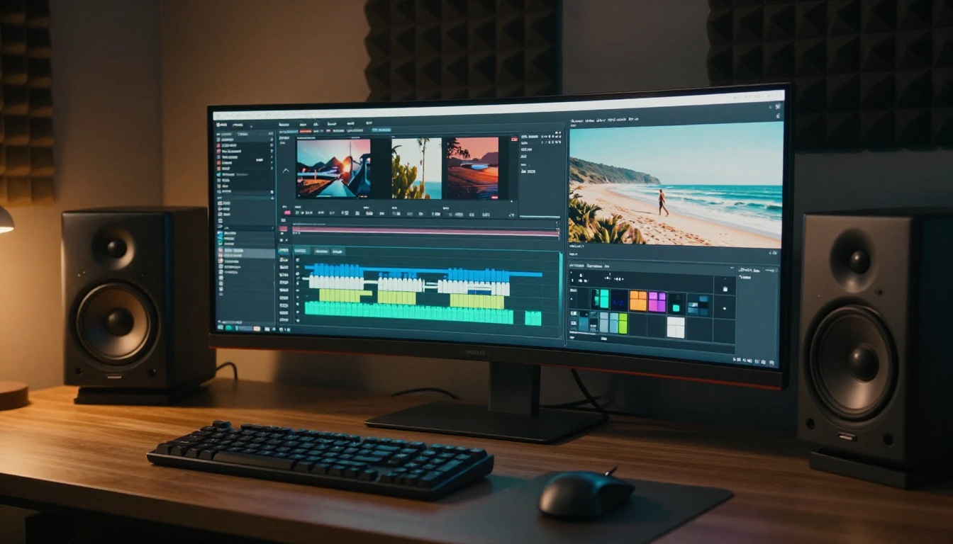 Professional dual-monitor video editing setup with timeline