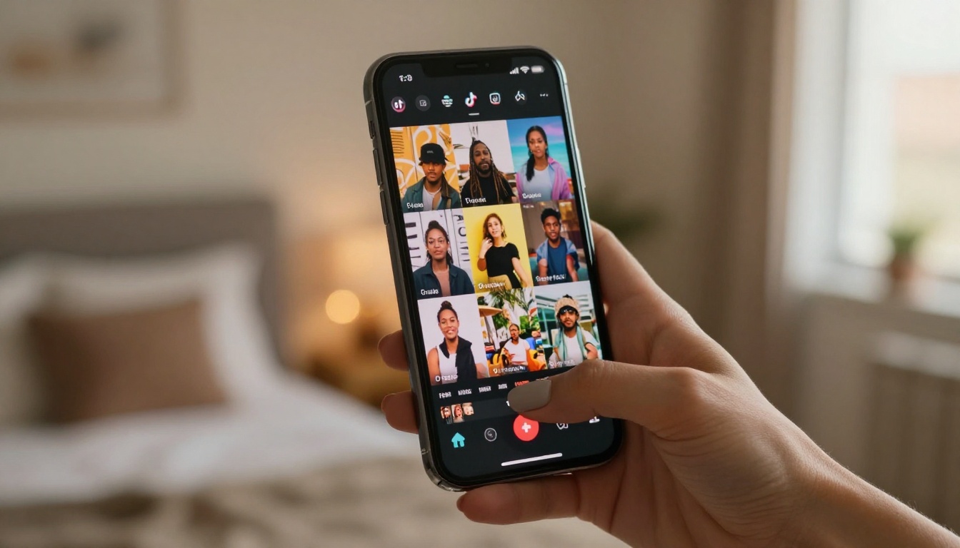 Creator holding smartphone scrolling through short-form video social feed
