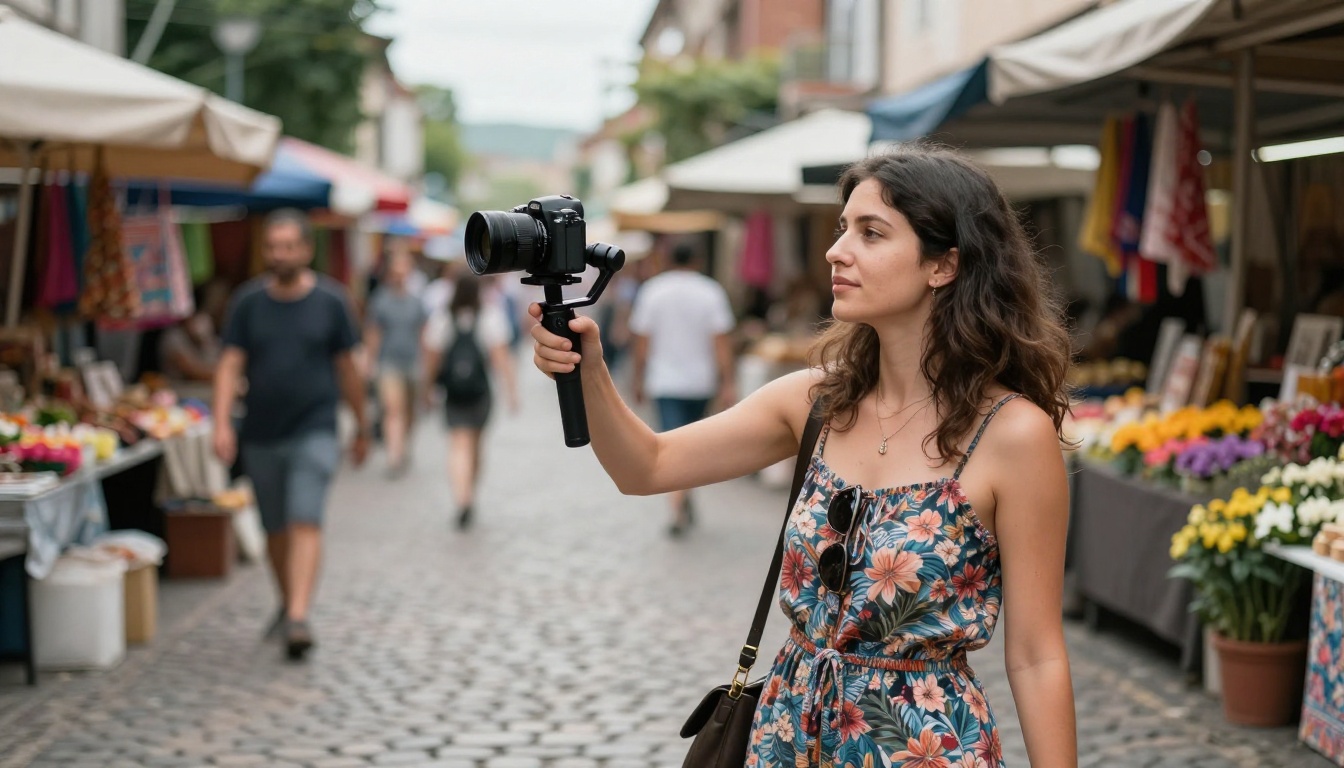 Female creator vlogging outdoors with gimbal at urban street market