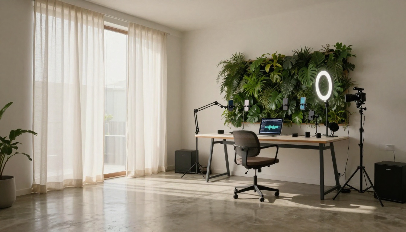 Minimalist home content studio with ring light, camera, and recording setup