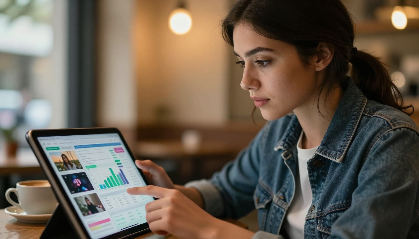Creator reviewing content analytics on tablet at cafe