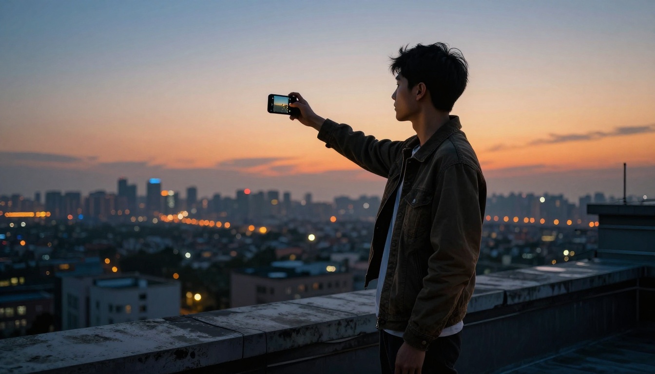Creator at dusk on rooftop filming city skyline with smartphone