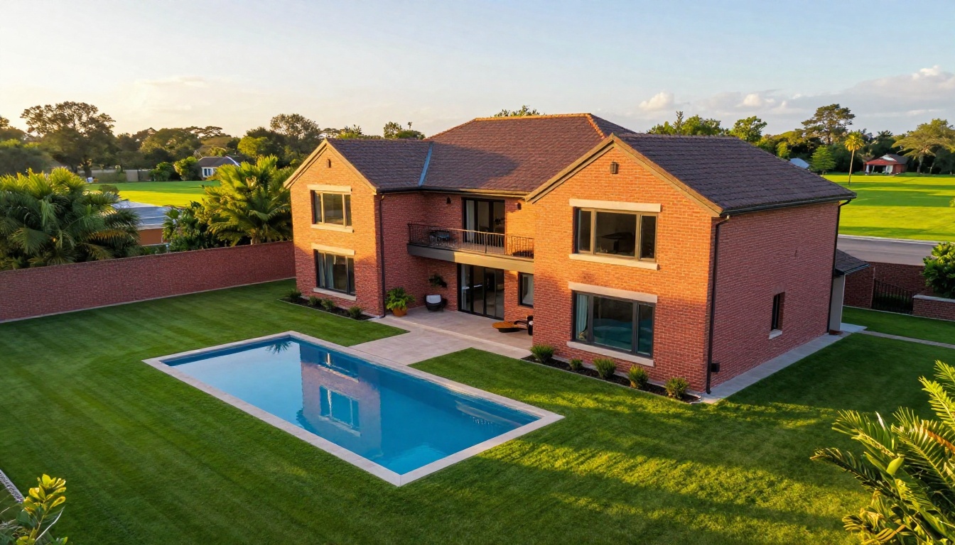 Aerial drone view of a luxury house with manicured lawn, vivid green grass, pool reflection, red brick facade, golden morning sunlight across the rooftop